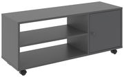 Grauer TV-Rollwagen mit zwei offenen Regalfächern und einer Tür, auf Rollen, seitliche Perspektive