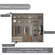 Schwebetürenschrank mit Premium Innenausstattung, inklusive Türdämpfer, Schubladeneinsatz mit Selbsteinzug und praktischer Inneneinteilung, frontale Ansicht.