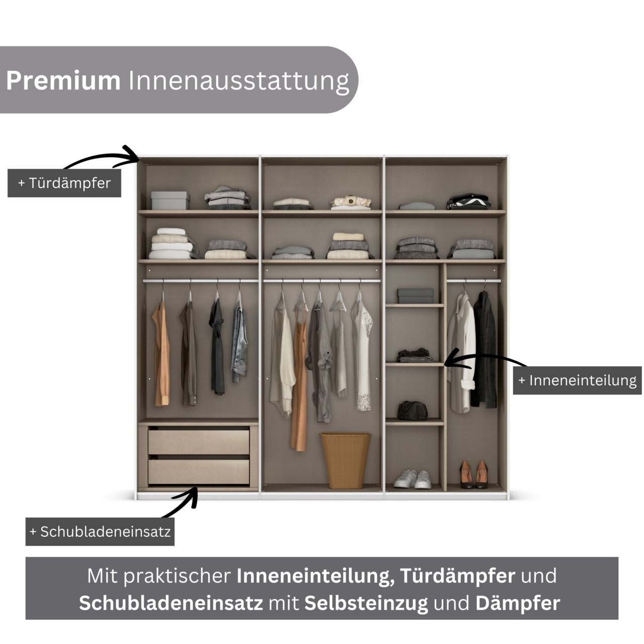 Schwebetürenschrank mit Premium Innenausstattung, inklusive Türdämpfer, Schubladeneinsatz mit Selbsteinzug und praktischer Inneneinteilung, frontale Ansicht.
