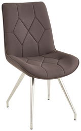 Moderner brauner Stuhl mit gepolsterter Sitzfläche und Rückenlehne, auf silbernen Metallbeinen, seitliche Perspektive