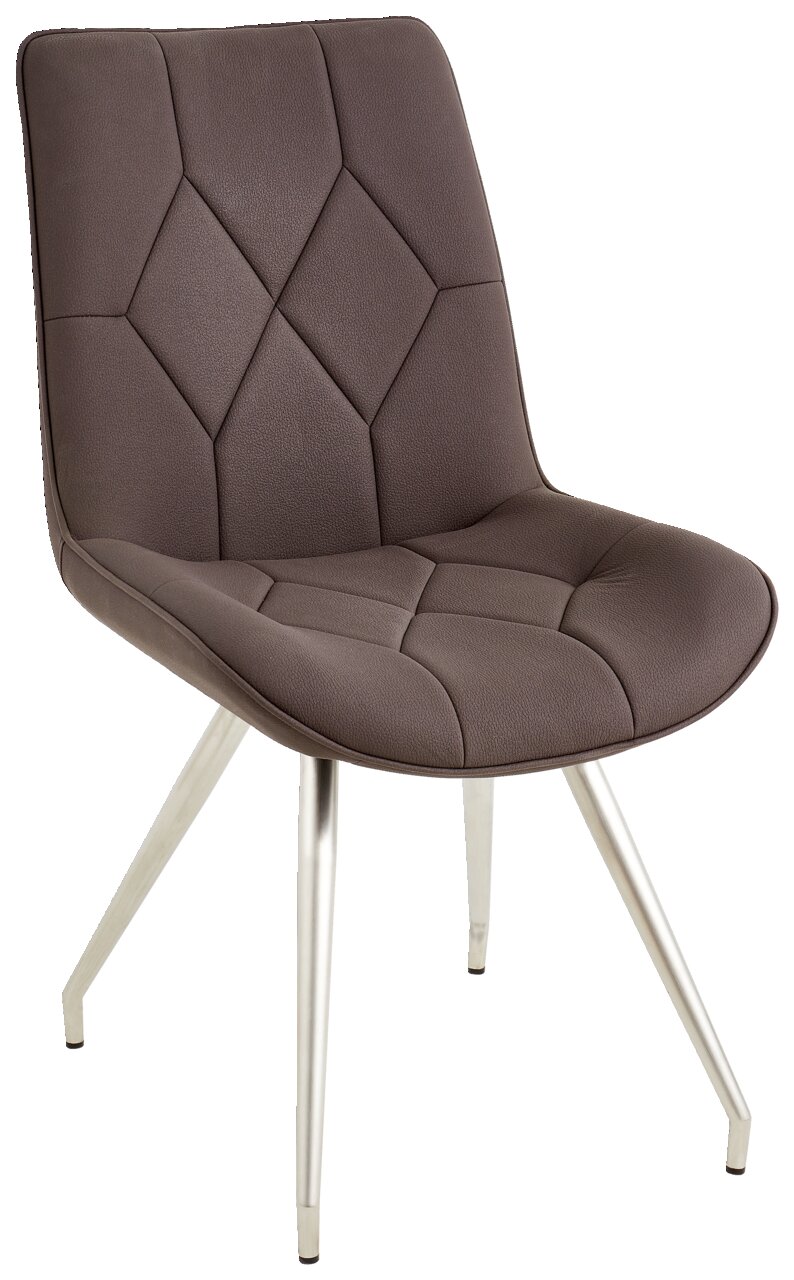Moderner brauner Stuhl mit gepolsterter Sitzfläche und Rückenlehne, auf silbernen Metallbeinen, seitliche Perspektive