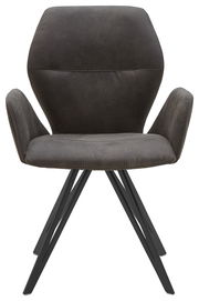 Moderner Armlehnenstuhl mit schwarzem Metallgestell und grauem Polsterbezug, Frontalansicht