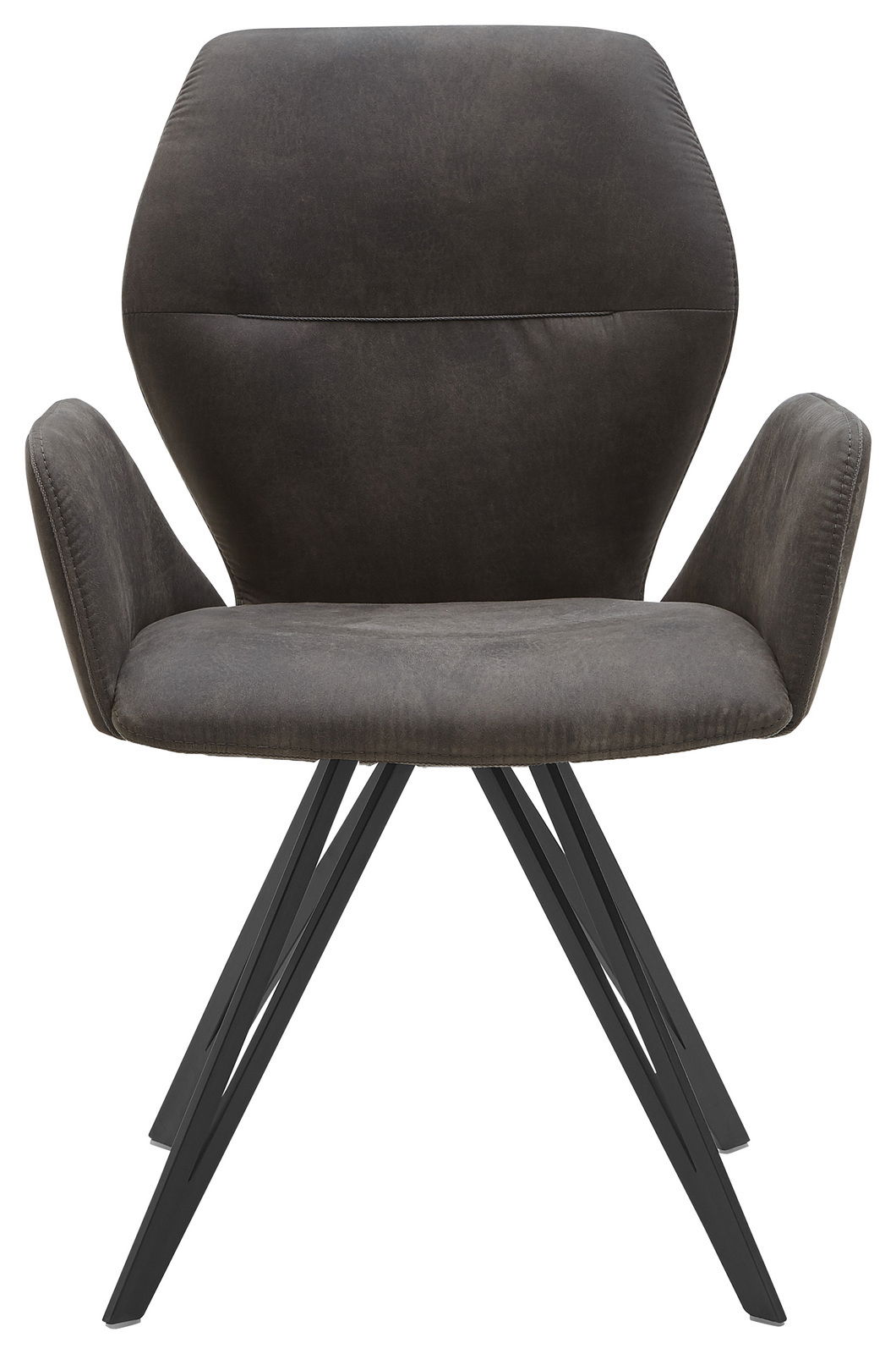 Moderner Armlehnenstuhl mit schwarzem Metallgestell und grauem Polsterbezug, Frontalansicht