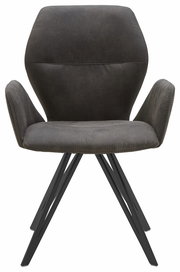 Moderner Armlehnenstuhl mit schwarzem Metallgestell und grauem Polsterbezug, Frontalansicht