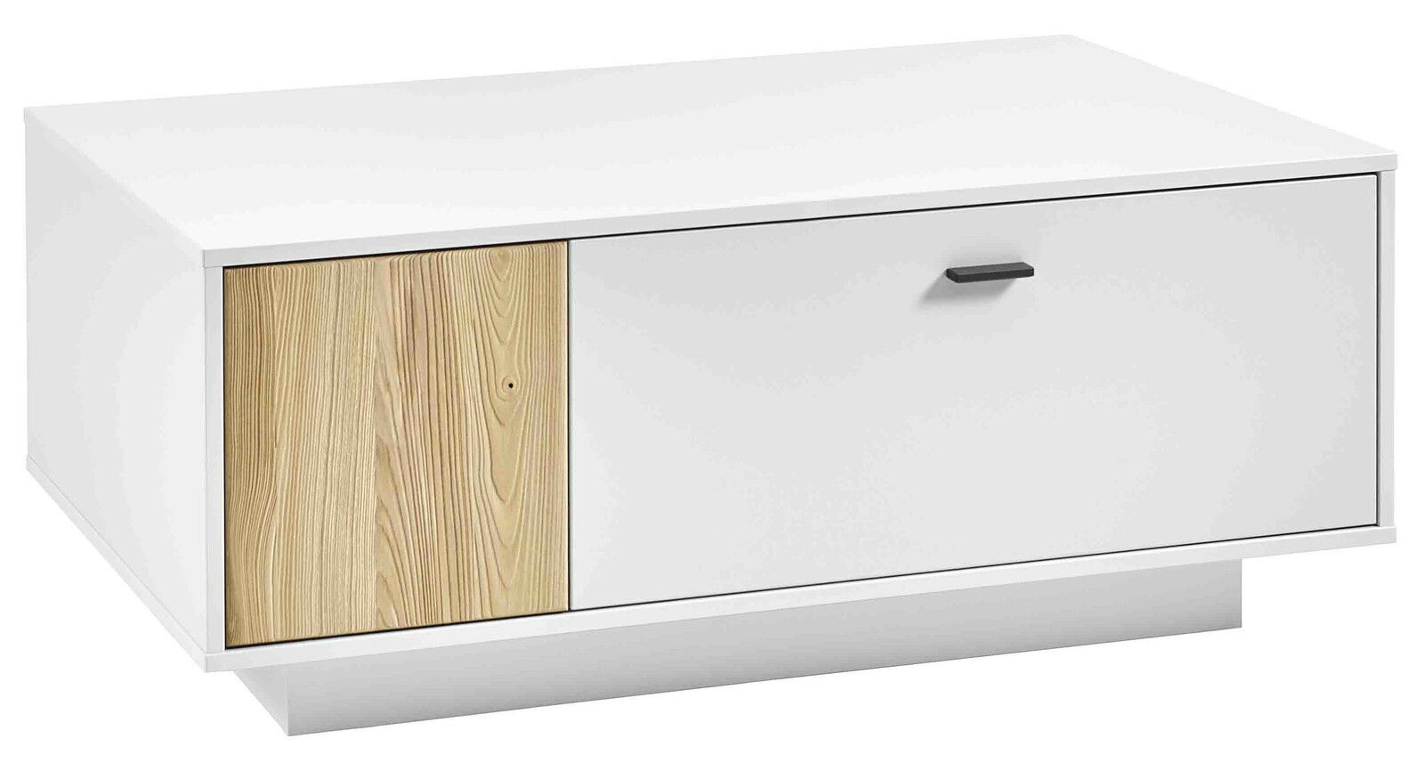 Moderner Couchtisch mit weißer Oberfläche und Holzdetails, seitliche Perspektive