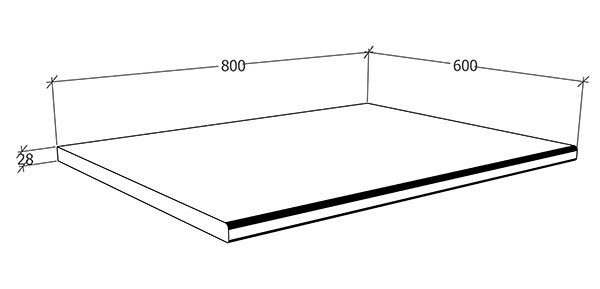 Isometrische 3D-Ansicht einer flachen rechteckigen Platte mit Maßangaben 800 x 600 und 28 mm Stärke, technische Zeichnung