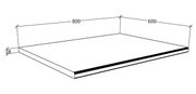 Isometrische 3D-Ansicht einer flachen rechteckigen Platte mit Maßangaben 800 x 600 und 28 mm Stärke, technische Zeichnung