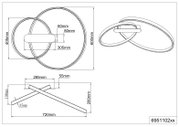 Technische Zeichnung einer modernen LED-Deckenleuchte mit zwei überlappenden, ringförmigen Lichtkörpern und rechteckiger Deckenhalterung, dargestellt in Draufsicht, Seitenansicht und perspektivischer Ansicht mit Maßangaben (u. a. Ringdurchmesser ca. 600 m