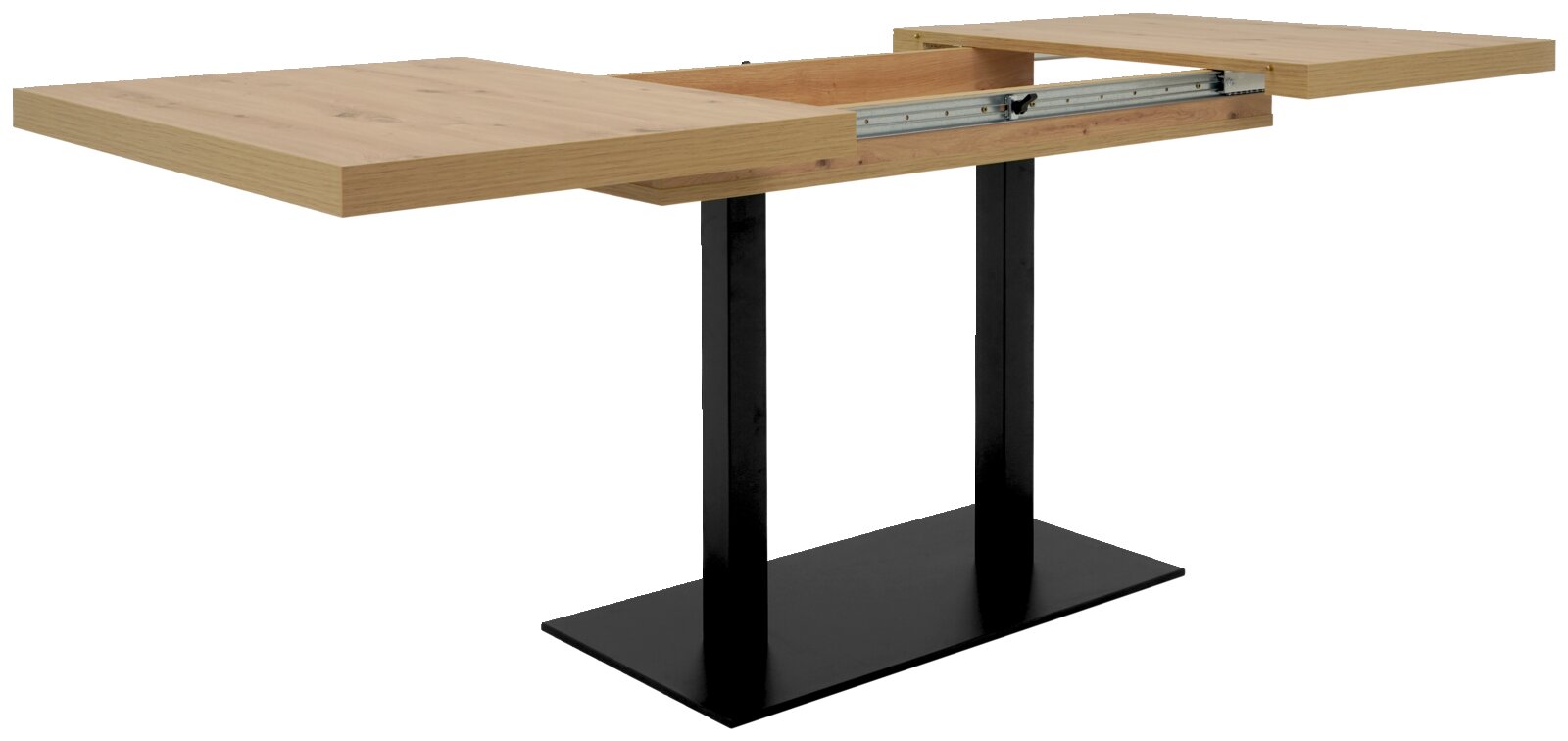 Moderne eettafel met uitschuifbaar houten blad en zwart metalen onderstel, zijaanzicht