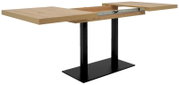 Moderne eettafel met uitschuifbaar houten blad en zwart metalen onderstel, zijaanzicht