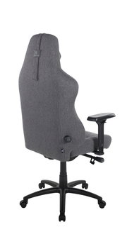 Rückansicht eines grauen Gaming-Stuhls mit verstellbaren Armlehnen und ergonomischem Design.