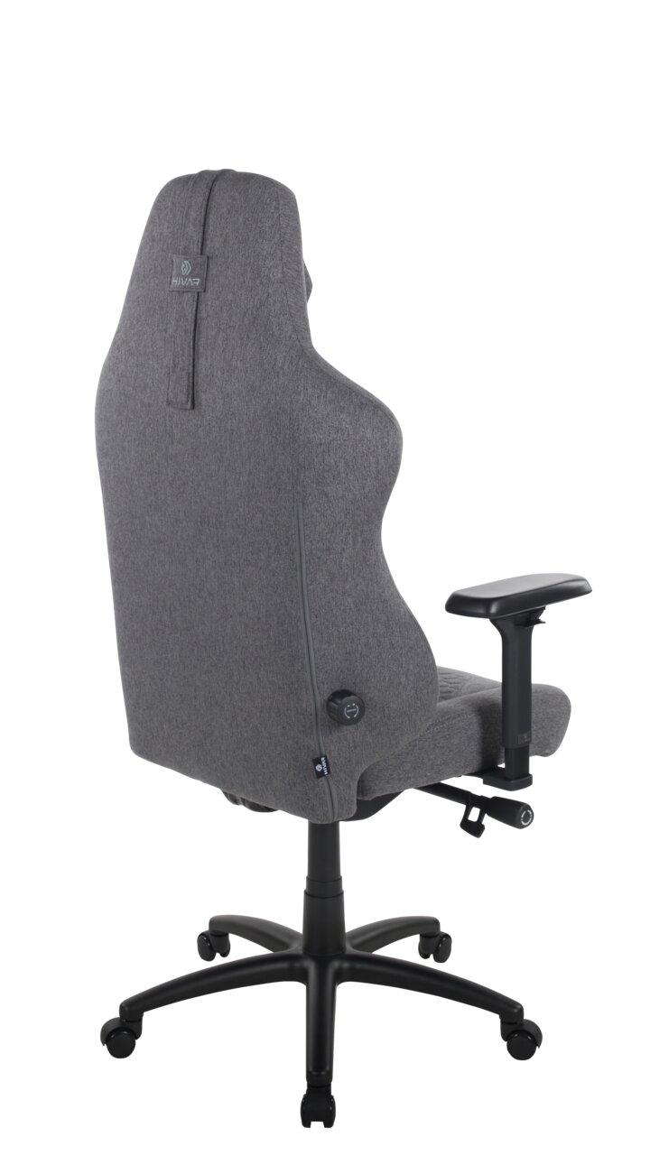 Rückansicht eines grauen Gaming-Stuhls mit verstellbaren Armlehnen und ergonomischem Design.
