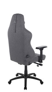 Rückansicht eines grauen Gaming-Stuhls mit verstellbaren Armlehnen und ergonomischem Design.