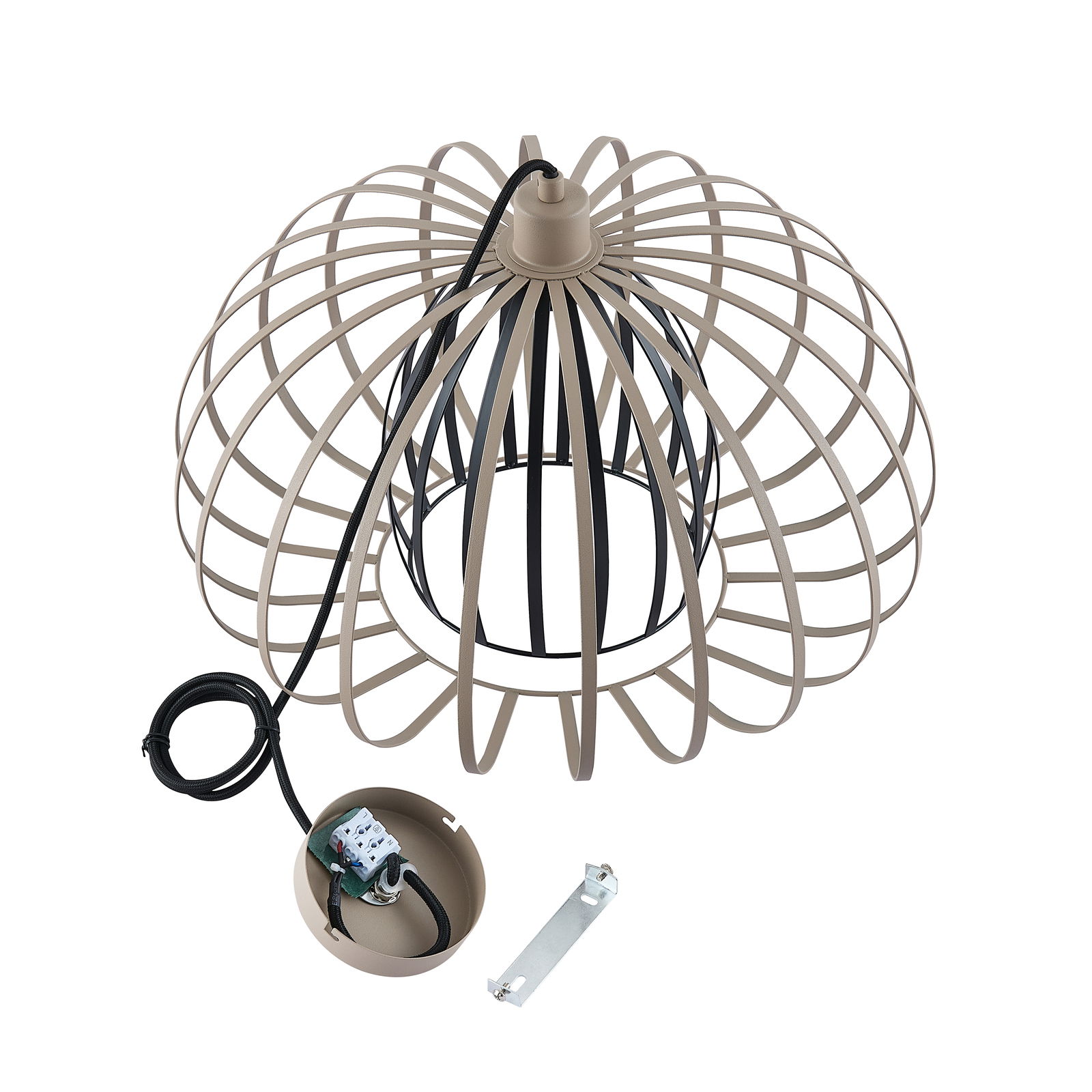 Moderne Hängeleuchte mit offenem, kugelförmigem Metallrahmen in Draufsicht.