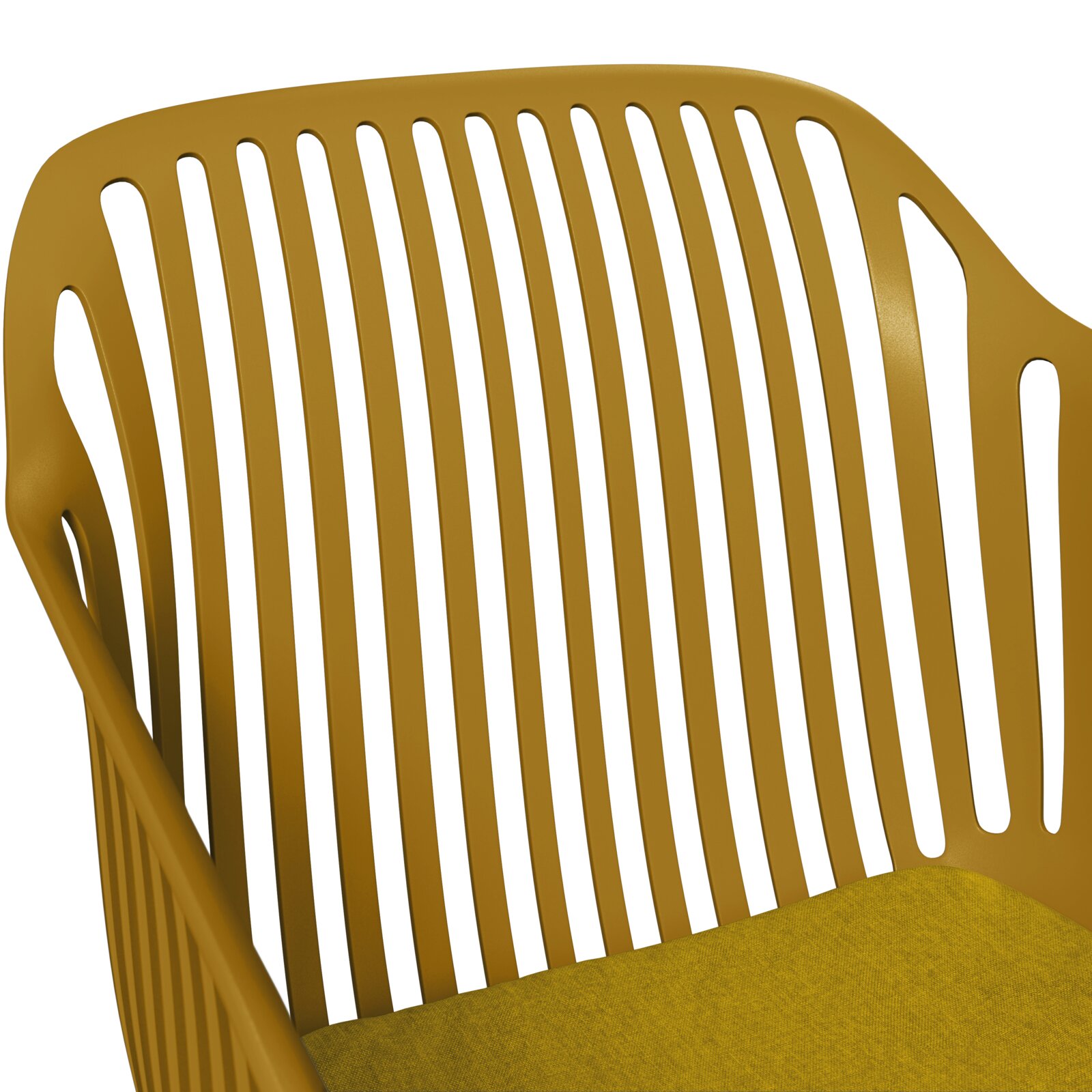 Nahaufnahme eines gelben Stapelsessels mit vertikalen Streben in der Rückenlehne, seitliche Perspektive