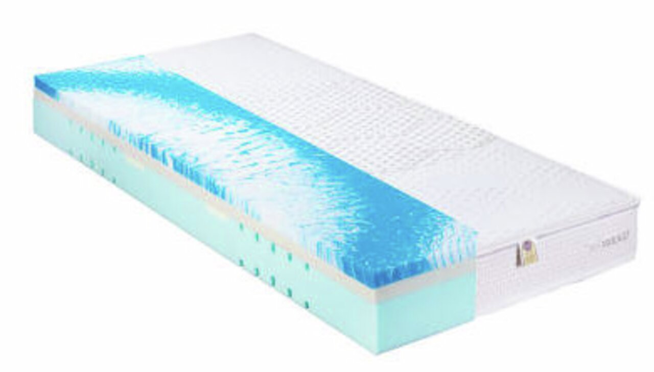 Max Berger Kaltschaummatratze WATERFLEX 800 Kaltschaummatratze 90 x 200 cm in seitlicher Perspektive mit sichtbarem Schaumstoffkern und Bezug