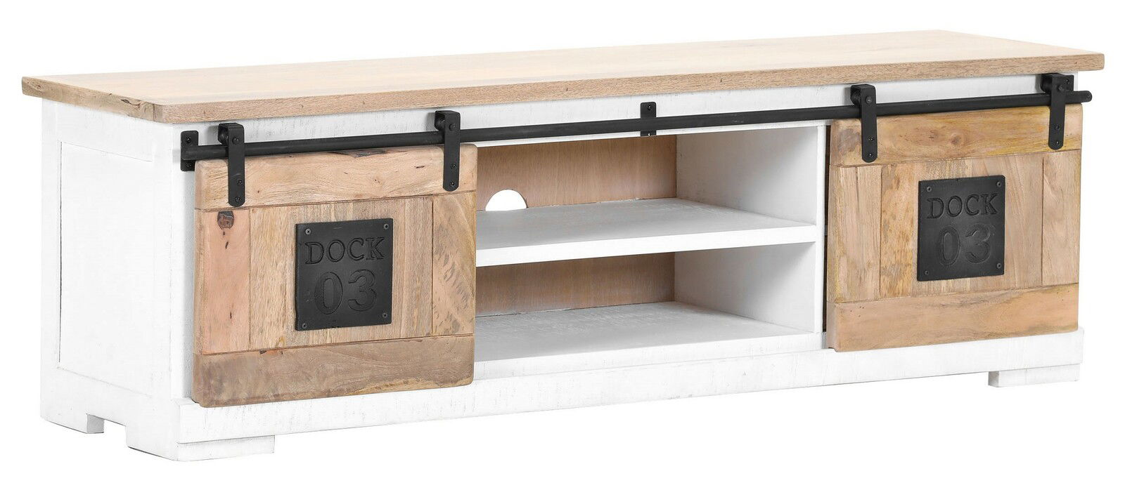 Frontale Ansicht eines Lowboards mit zwei Schiebetüren aus Holz und Metallbeschlägen, beschriftet mit 'DOCK 03'.