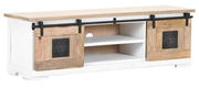 Frontale Ansicht eines Lowboards mit zwei Schiebetüren aus Holz und Metallbeschlägen, beschriftet mit 'DOCK 03'.