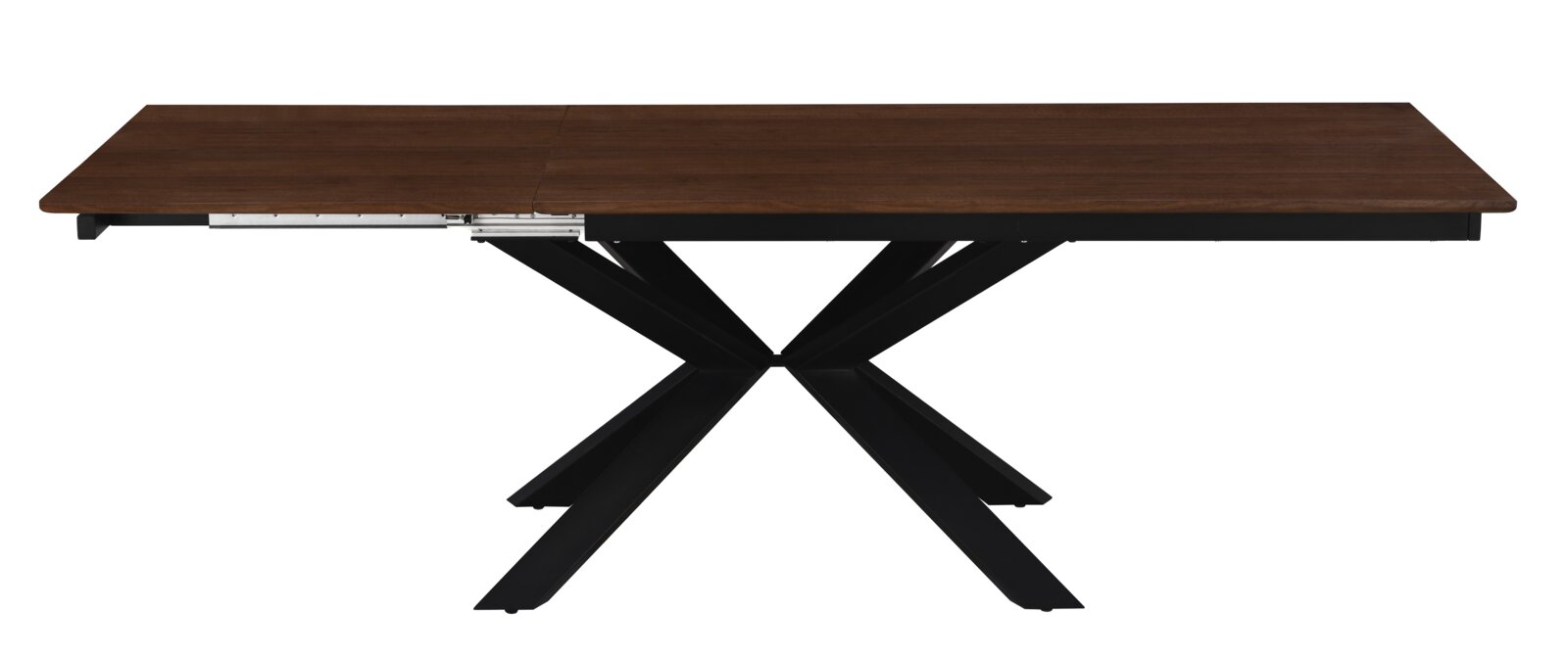 Uitschuifbare eettafel met donkerbruin houten blad en zwart metalen X-poot, zijaanzicht (laag profiel) op witte achtergrond
