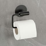 Schwarzer Toilettenpapierhalter Meleto an einer grauen Wand, seitliche Perspektive
