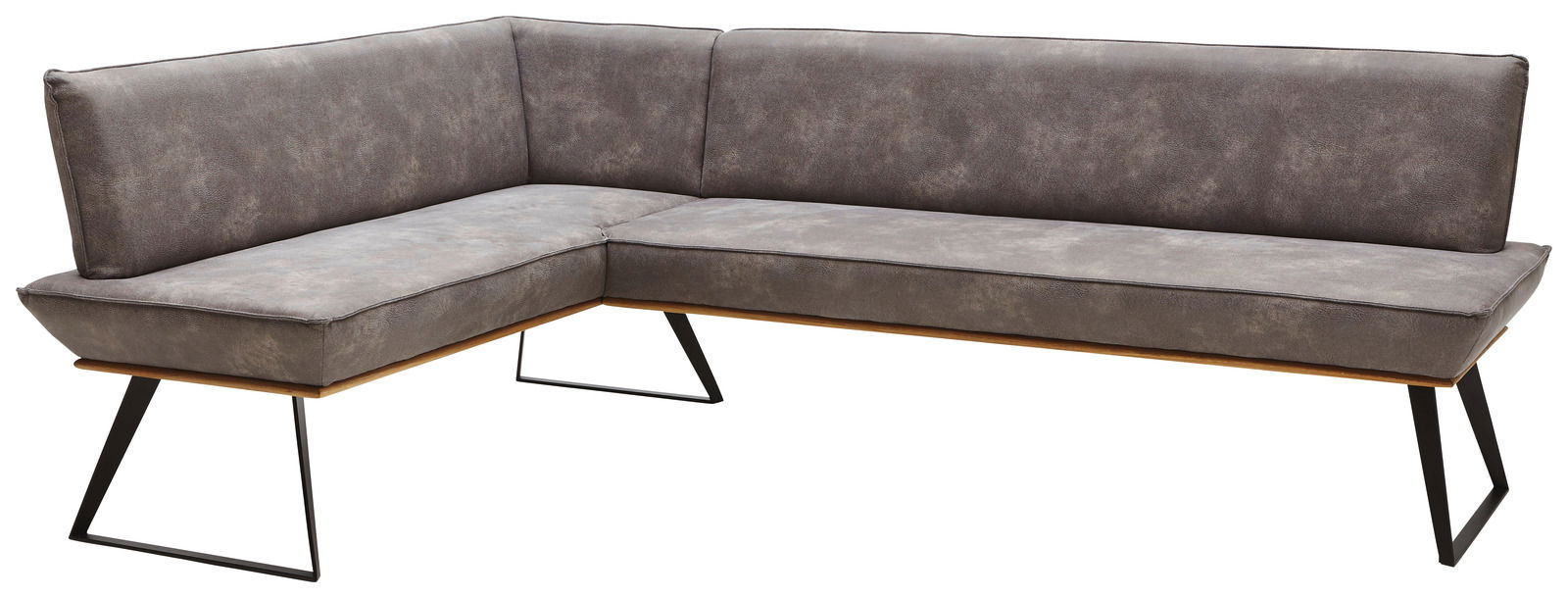 Voleo Eckbank MALIBU Eckbank in L-Form mit grauem Polsterbezug und schwarzen Metallbeinen, Perspektive von vorne rechts