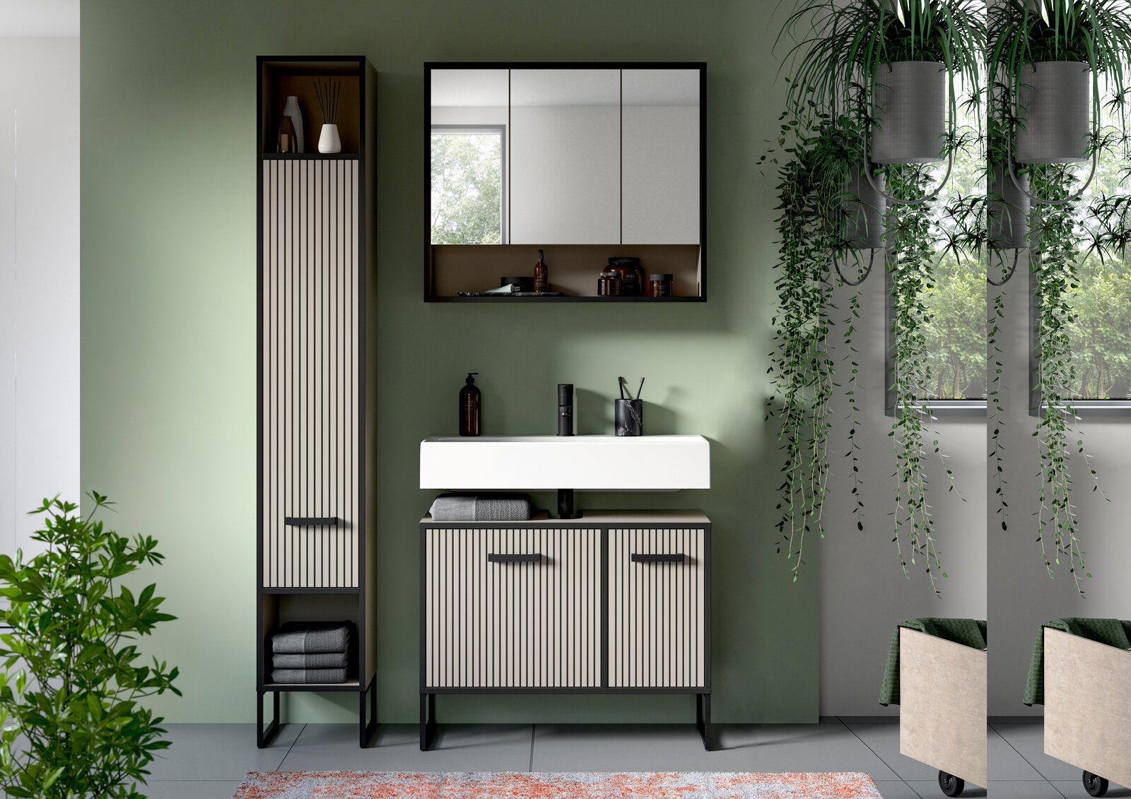 MID.YOU Badkombination BAGNO Moderne Badkombination mit vertikalen Streifen, bestehend aus einem hohen Schrank, einem Waschbecken mit Unterschrank und einem Spiegelschrank, aus der frontalen Perspektive betrachtet.