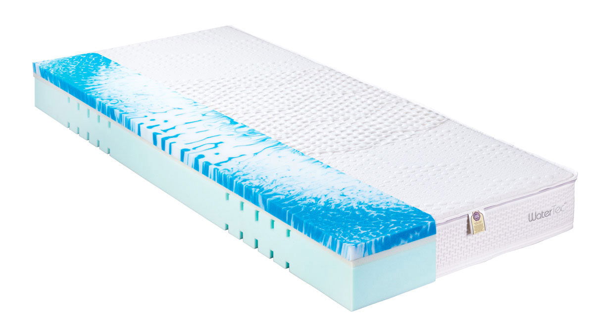 Kaltschaummatratze 90 x 200 cm mit blauer und weißer Oberfläche, seitliche Perspektive