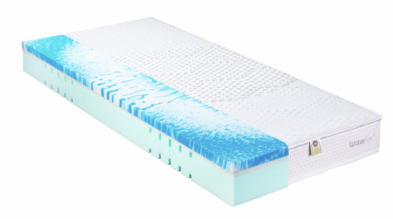 Kaltschaummatratze 90 x 200 cm mit blauer und weißer Oberfläche, seitliche Perspektive