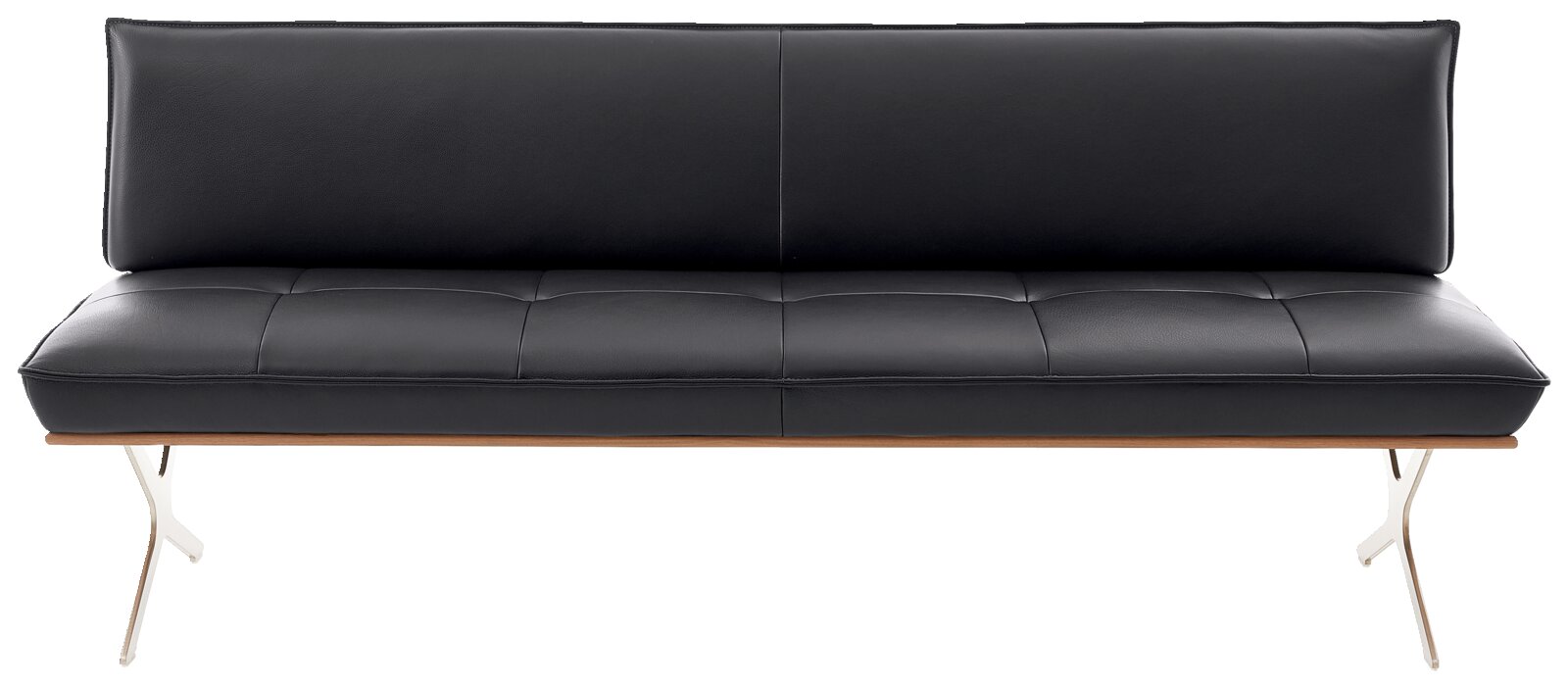 Schwarzes dreisitziges Sofa aus Leder mit Metallbeinen, Frontalansicht