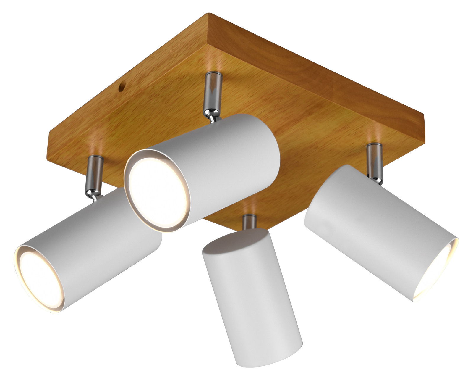 Deckenleuchte mit vier verstellbaren weißen Spots auf einer quadratischen Holzplatte, Perspektive von unten.
