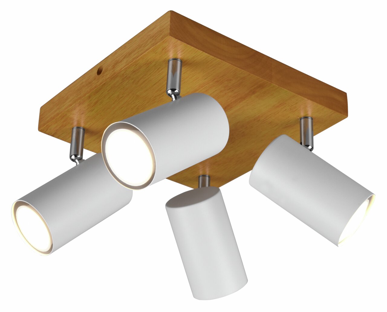 Deckenleuchte mit vier verstellbaren weißen Spots auf einer quadratischen Holzplatte, Perspektive von unten.