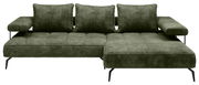Grünes Longchair-Sofa mit drei Rückenkissen und schwarzen Metallbeinen, Vorderansicht.