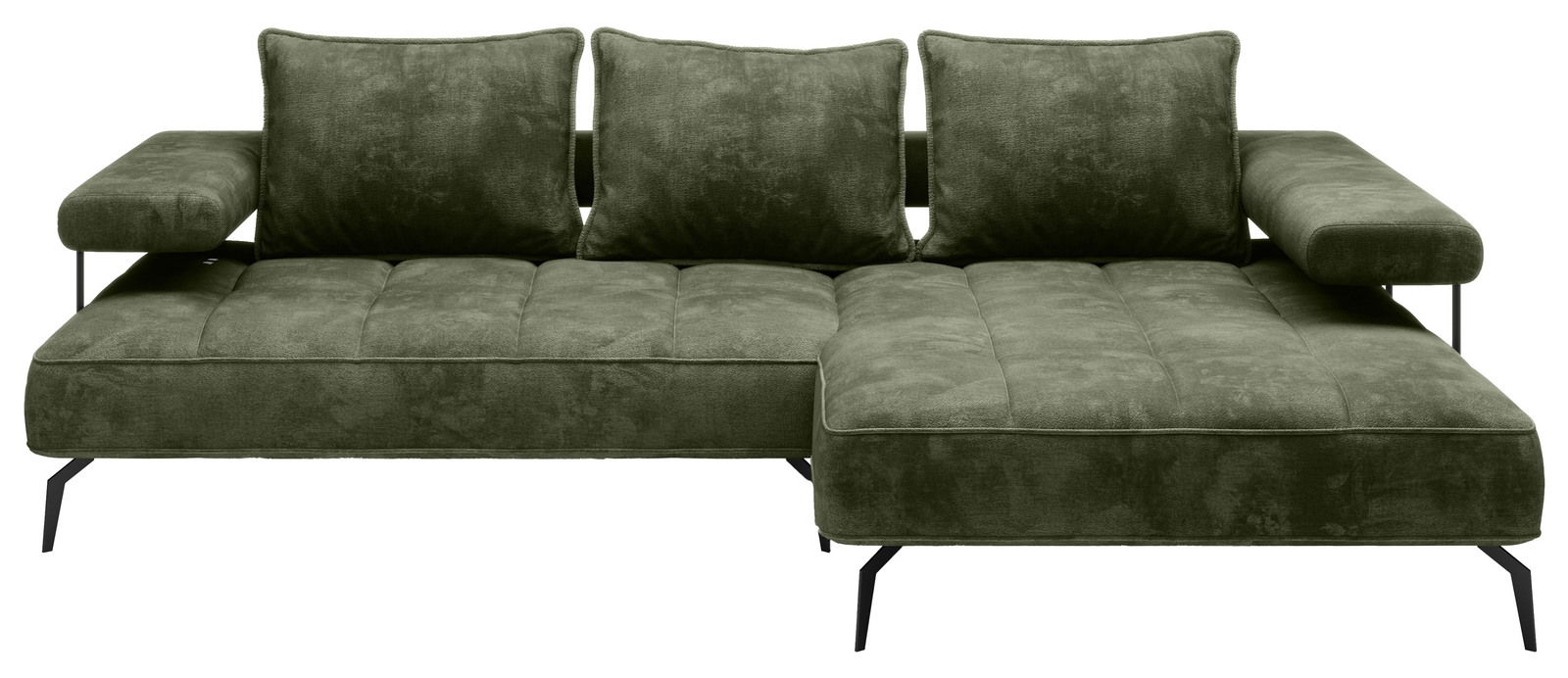 Grünes Longchair-Sofa mit drei Rückenkissen und schwarzen Metallbeinen, Vorderansicht.