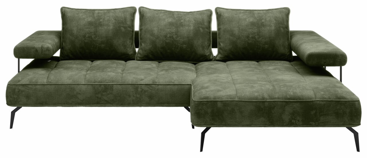 Grünes Longchair-Sofa mit drei Rückenkissen und schwarzen Metallbeinen, Vorderansicht.