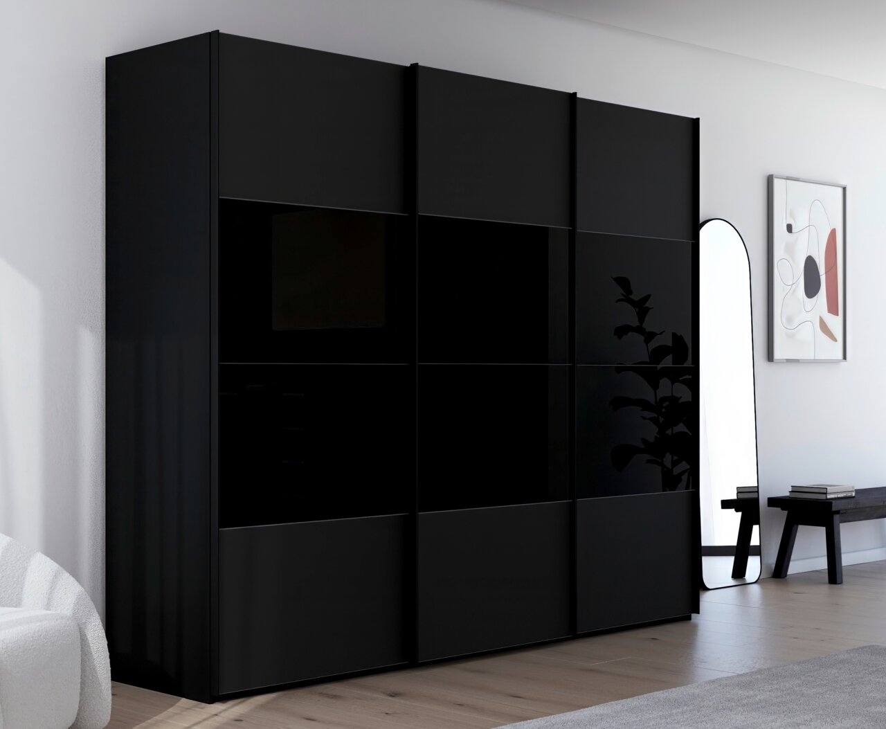 Moderner, dreitüriger Schwebetürenschrank in schwarzem Design, seitliche Perspektive