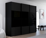 Moderner, dreitüriger Schwebetürenschrank in schwarzem Design, seitliche Perspektive