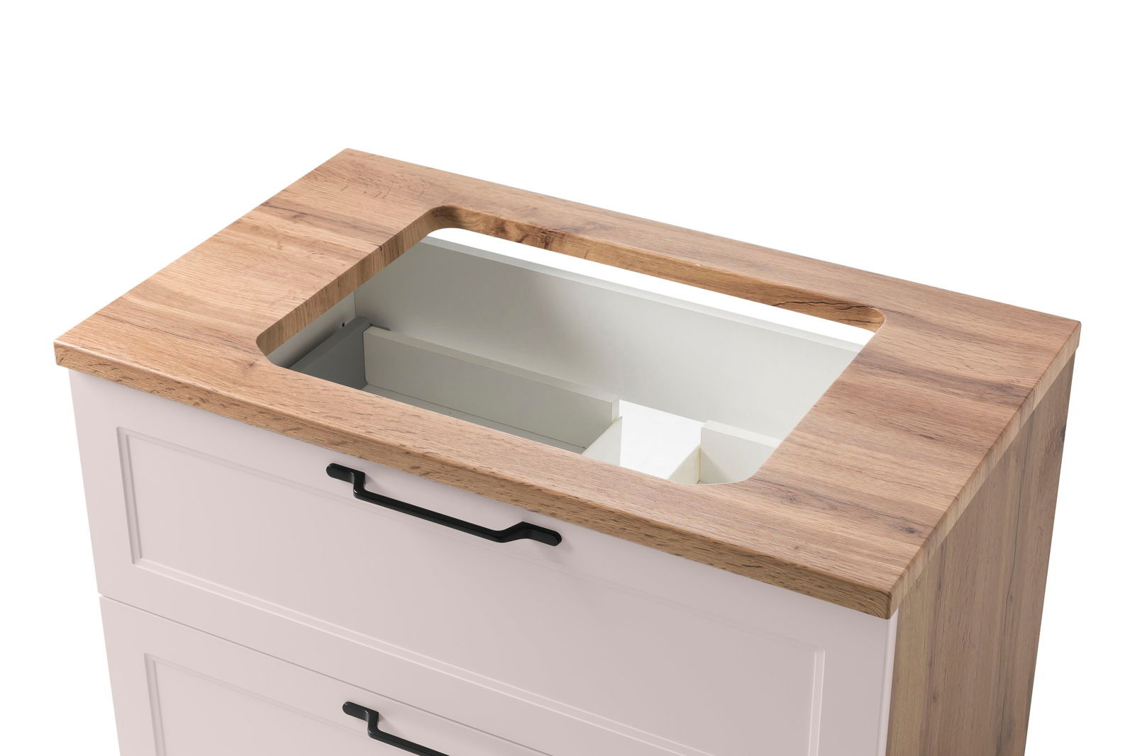 Waschtisch-Set mit Holzoberfläche und weißem Korpus, Perspektive von oben