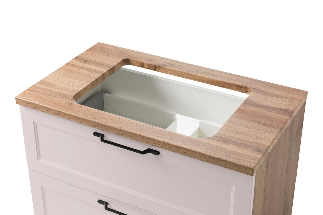 Wastafelset met houten blad en witte kast, bovenaanzicht