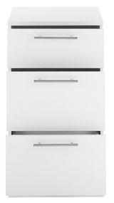 Weißer Unterschrank mit drei Schubladen und silbernen Griffen, Frontalansicht