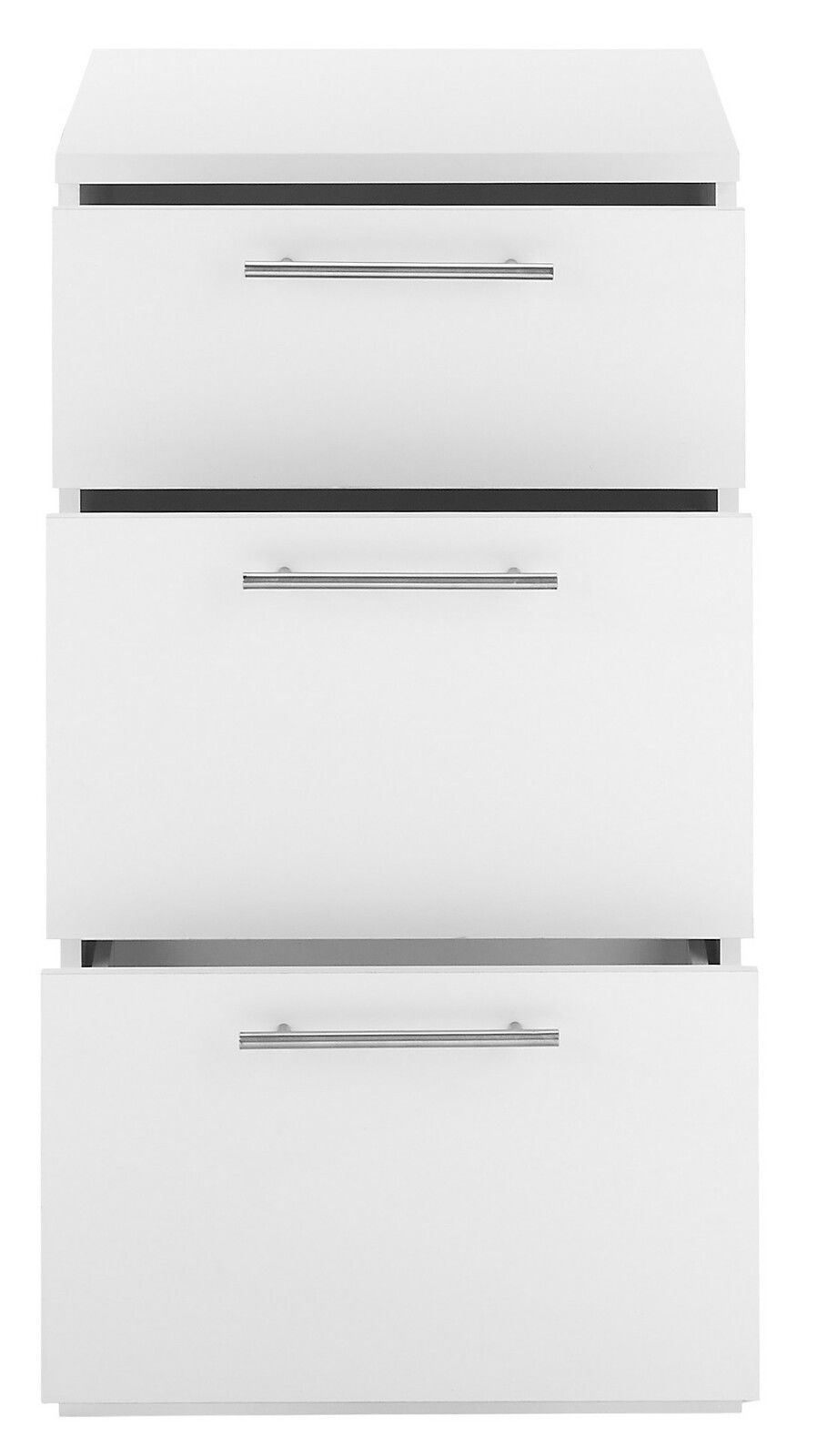 Weißer Unterschrank mit drei Schubladen und silbernen Griffen, Frontalansicht