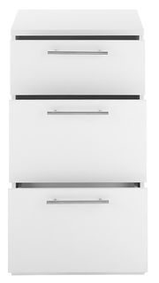 Weißer Unterschrank mit drei Schubladen und silbernen Griffen, Frontalansicht