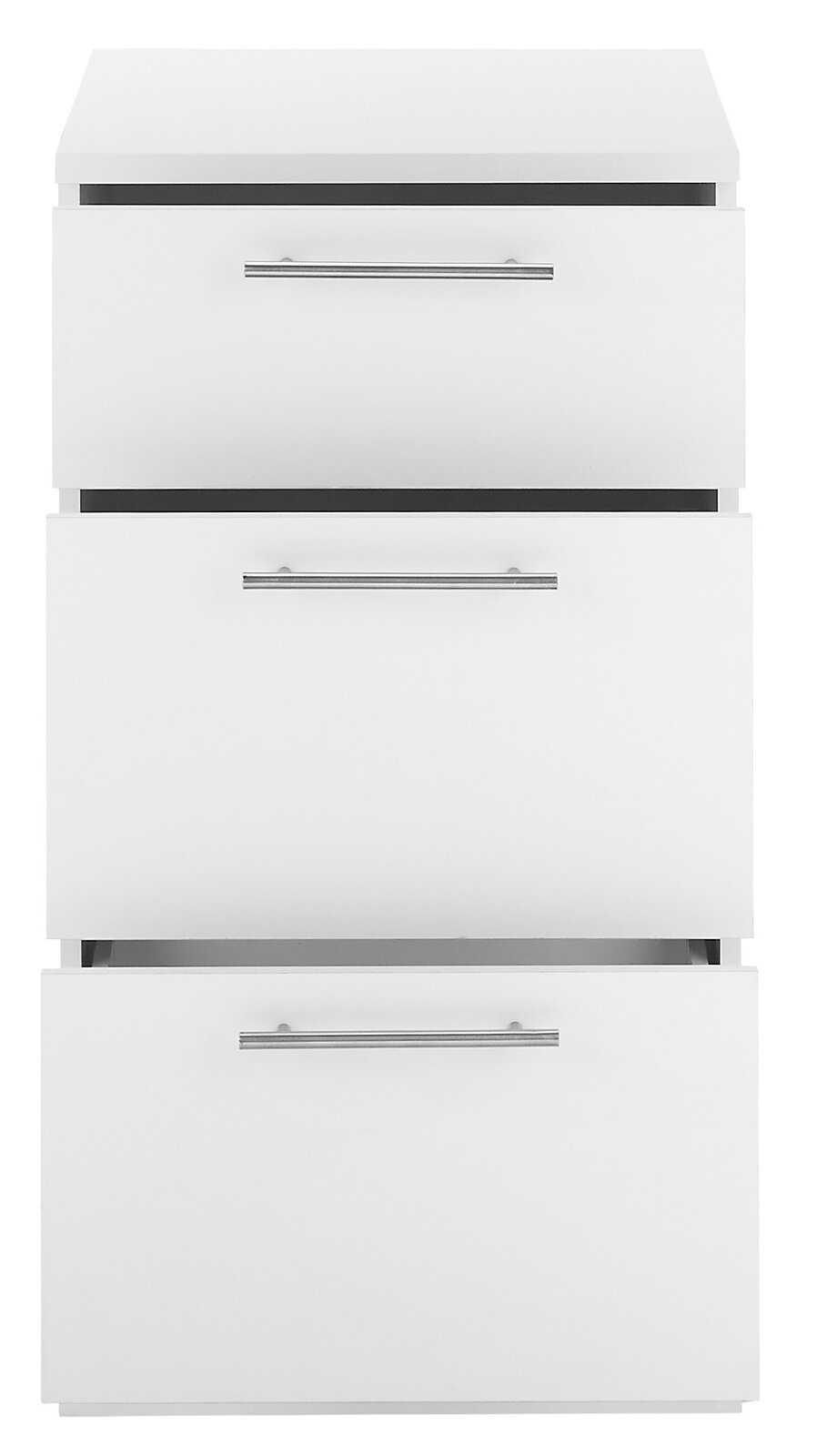 Weißer Unterschrank mit drei Schubladen und silbernen Griffen, Frontalansicht