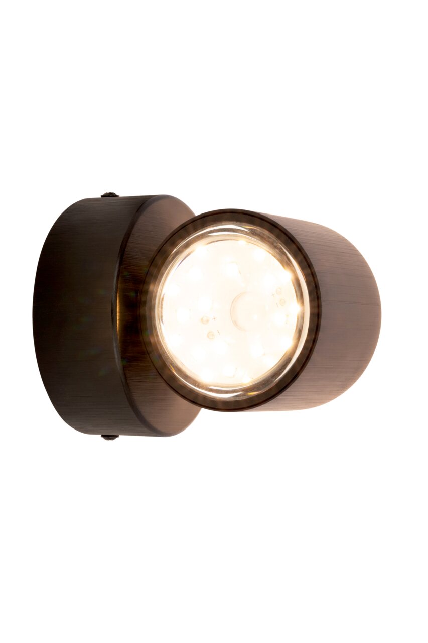LED-Wandleuchte in dunklem Gehäuse, leuchtend, seitliche Perspektive