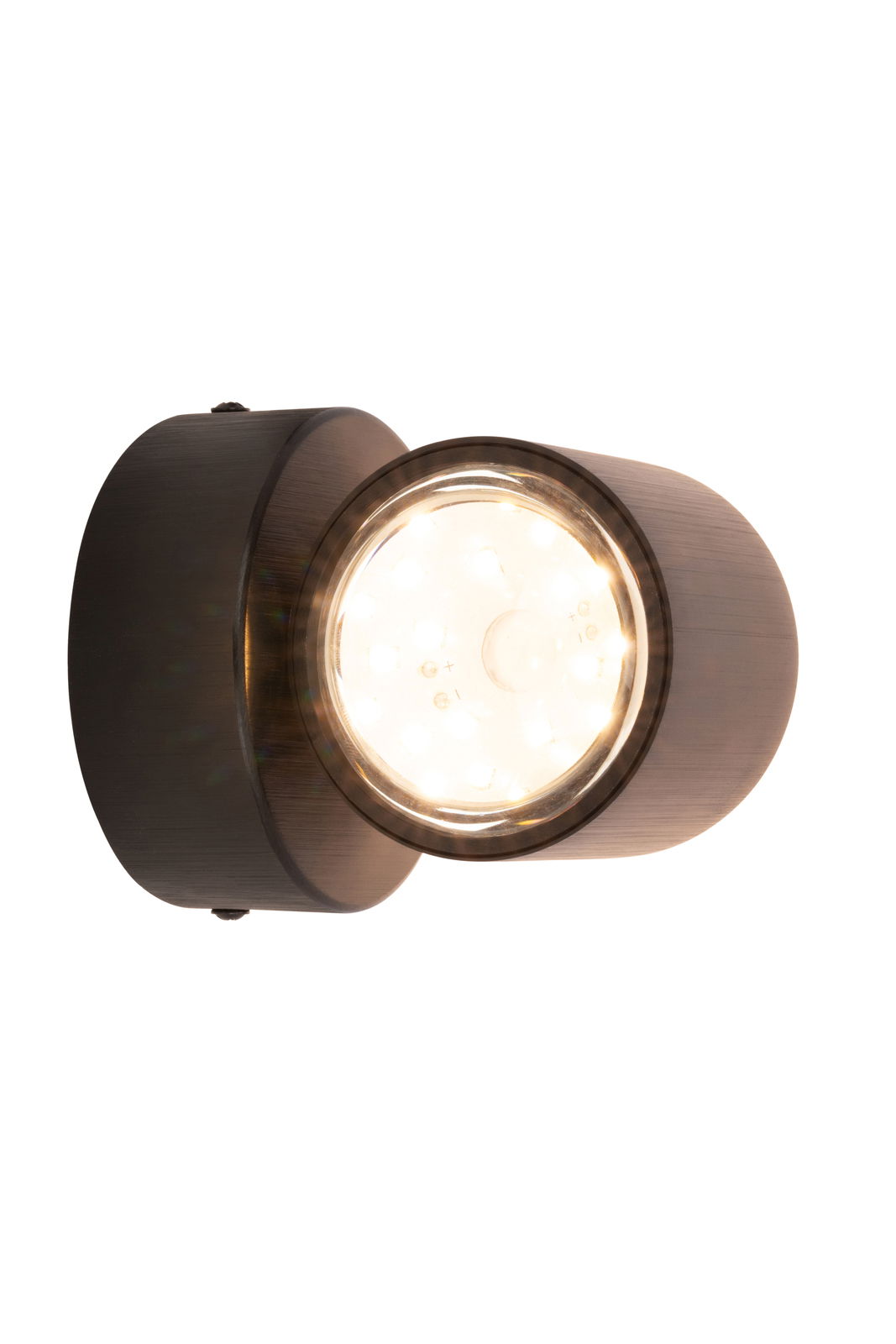 LED-Wandleuchte in dunklem Gehäuse, leuchtend, seitliche Perspektive