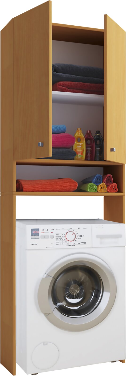 VCM Waschmaschinenschrank LONA Holzfarbenes Waschmaschinen-Überbauregal mit offenen Türen, Ablagefach und Stauraum für Handtücher und Waschmittel über einer weißen Frontlader-Waschmaschine, Ansicht schräg von vorn