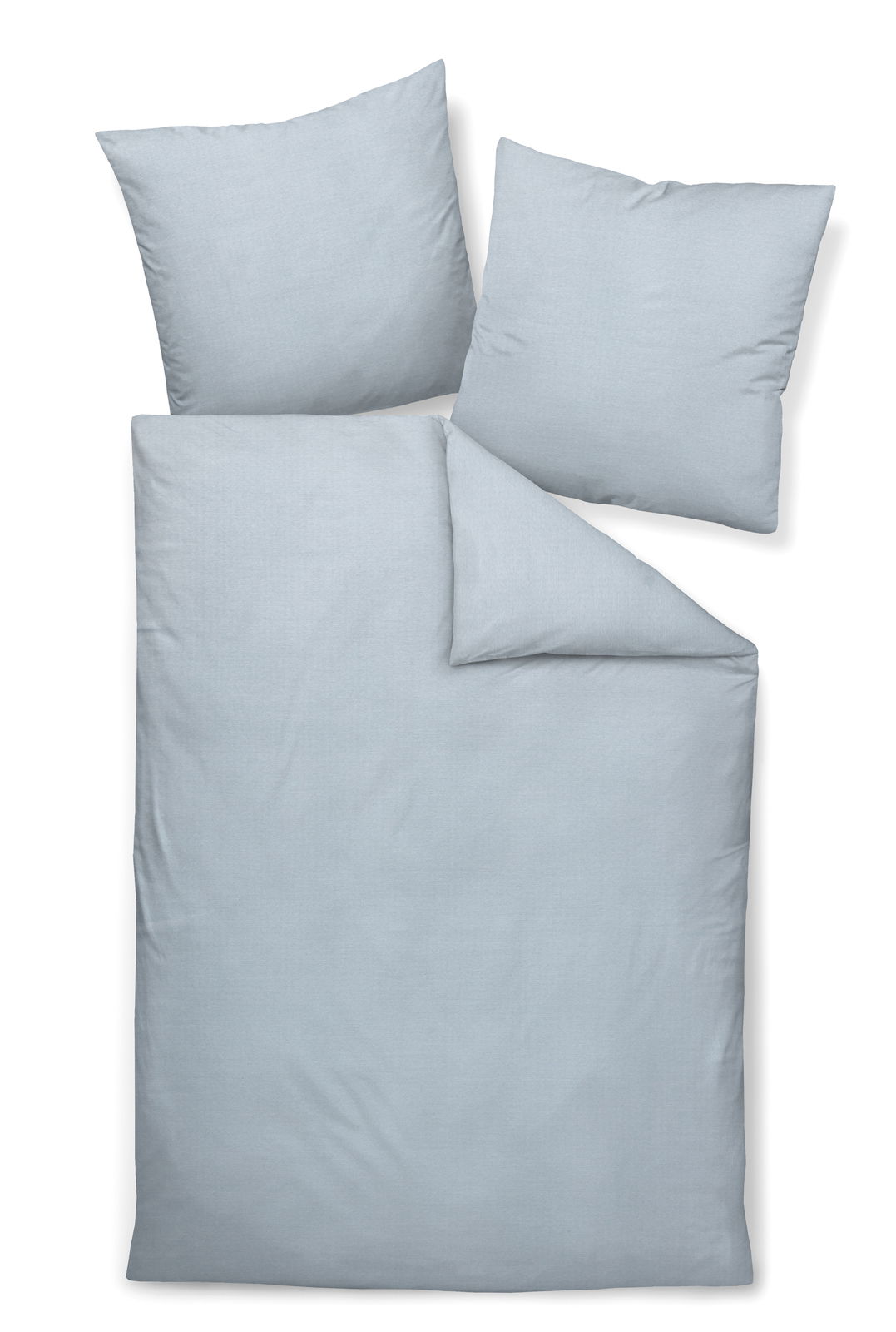 Janine Bettwäsche JERSEY-CLASSIC Bettwäsche-Set in Hellgrau, bestehend aus einem Deckenbezug und zwei Kissenbezügen, aus der Vogelperspektive fotografiert.