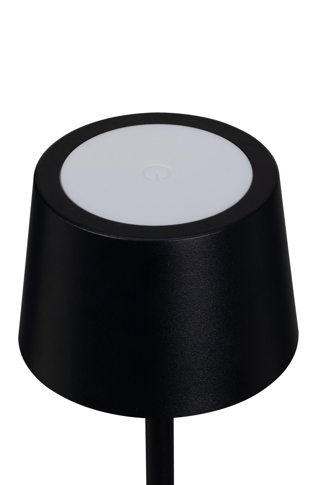 Schwarze Akku-Tischleuchte aus der Vogelperspektive mit rundem, weißem Leuchtkörper und Touch-Schalter.
