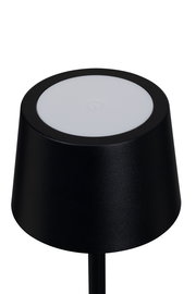 Schwarze Akku-Tischleuchte aus der Vogelperspektive mit rundem, weißem Leuchtkörper und Touch-Schalter.