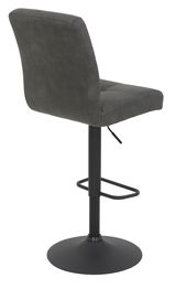 Rückansicht eines modernen Barhockers mit schwarzem Metallgestell und grauem gepolstertem Sitz.