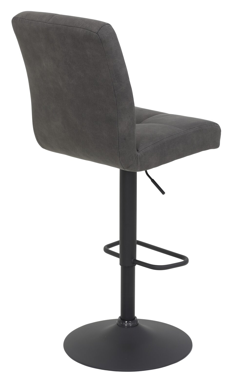 Rückansicht eines modernen Barhockers mit schwarzem Metallgestell und grauem gepolstertem Sitz.